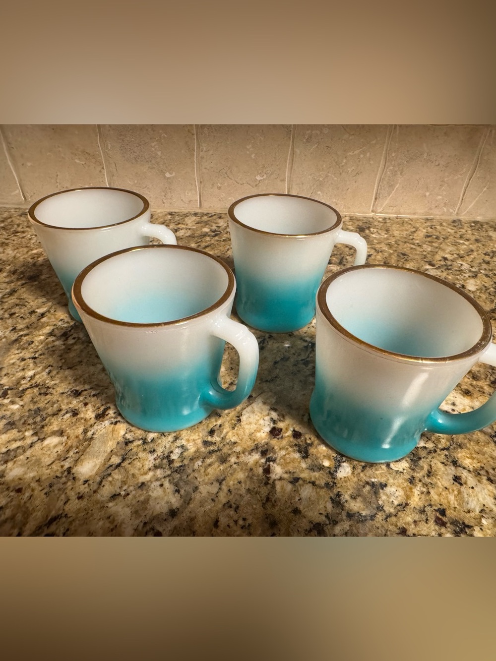 Vintage Anchor Hocking Fire King Turquoise Ombre Blendo Mugs with Gold Rim - S/4
